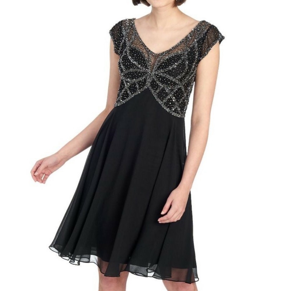 NWT 🌟J KARA🌟 BEADED BODICE CHIFFON EVENING DRESS BLACK / SILVER SZ 10